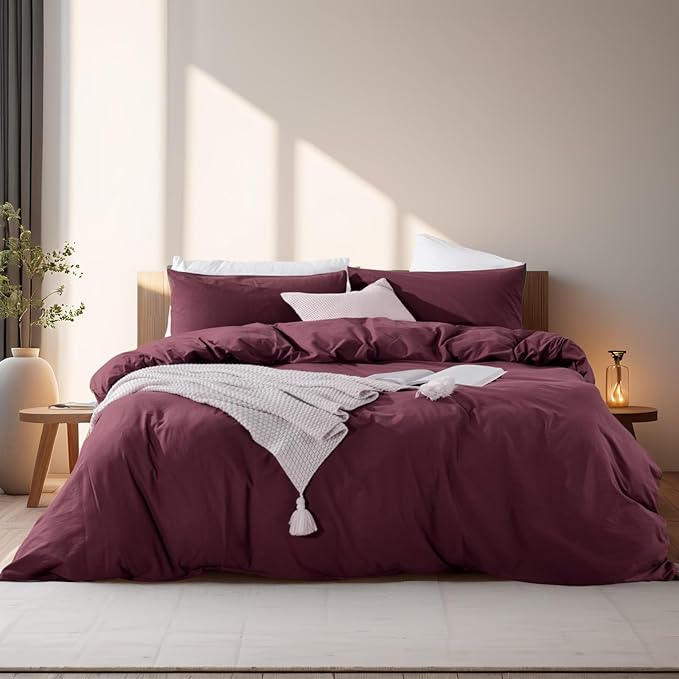 NEXHOME PRO Duvet Cover Set 100% Washed Cotton Oversized Queen 98"x98", Organic Natural Linen Look Textured 3 Pieces Bedding Set Burgundy Dark Red with Zipper Closure, Breathable (No Comforter)