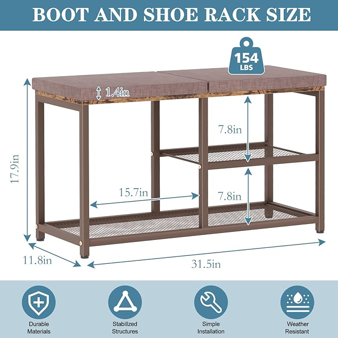 Shoe Rack Bench for Entryway 3-Tier, Free Standing Shoe Racks with Seat Cushion, Narrow Shoe Storage Shelf with Boot Organizer, Shoe Rack for Small Spacesh with Wood Bench (Brown+Brown)