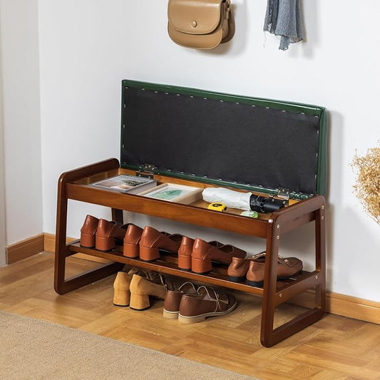 SOBIBO Shoe Bench with Storage - 2-Tier Entryway Bench, Solid Wood Shoe Rack with Cushion & Flip-Open Box, Mid-Century Modern for Hallway, Mudroom, Bedroom (Green, 31.5'')