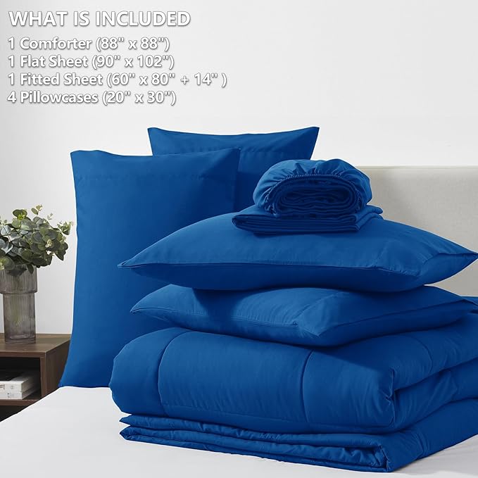 CozyLux Queen Comforter Set Classic Blue, 7 Pieces Bed in a Bag, Blue Comforters Queen Size, All Season Bedding Sets with Stitch Quilted Comforter, Flat Sheet, Fitted Sheet, Pillowcases