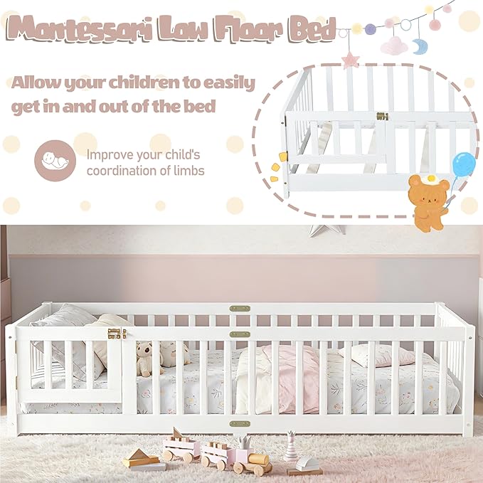 Bellemave Montessori Twin Floor Bed Frame with Fence and Removable Door, Low Profile Twin Size Montessori Bed Frame for Kids, Solid Wooden Floor Beds with Slats for Bedroom,Nursery, White