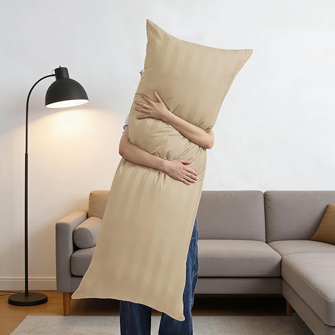 100% Egyptian Cotton Body Pillow Cover Long Pillow Case, 600 Thread Count Bed Pillow Protector with Zipper, Sateen Weave Full Body Pillowcase for Adults 20x54 Inches (1PC, Body, Striped Beige)