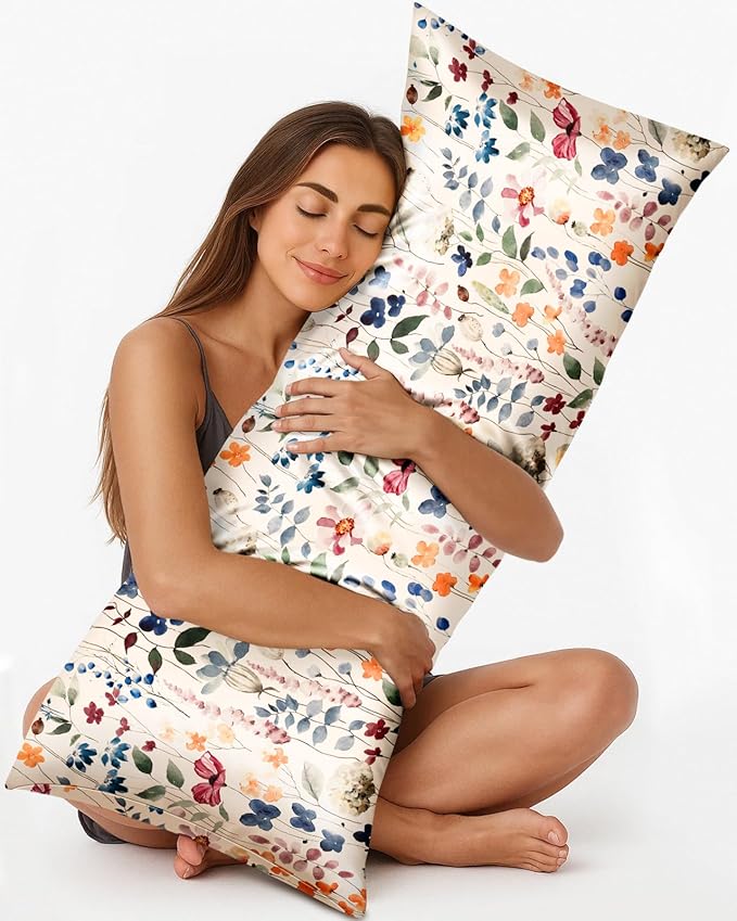 Miss Adola Silk Body Pillow Cover with Zipper - 20x54 Inch Silk Long Pillow Case for Women Ladies Adults Soft Bed Decorative Cute Boho Large Body Pillowcase Sham for Hair and Skin, Watercolor Flower