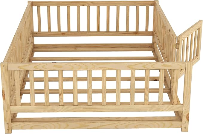 Bellemave Ful Montessori Floor Bed with 21.5" High Rails and Slats, Pine,Plywood Floor Bed with Small Door, Natural