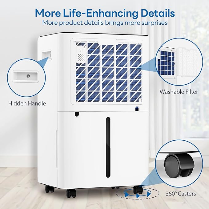 FreAire 54Pint Dehumidifier for 4500Sq.Ft, Compressor Dehumidifiers for Home, Front Humidity Value Display&Quiet Dehumidifier for Basement, Bedroom, Bathroom, with Drain Hose, 1.13 Gallon Water Tank