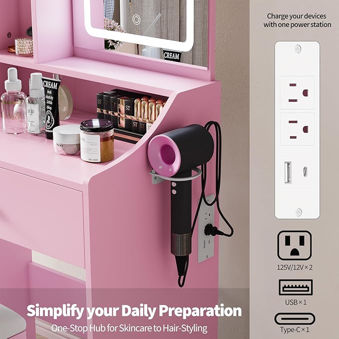 DUMOS Makeup Vanity Desk, Vanity Table Set with Mirror and Lights, Small Vanity with Storage Bench, Charging Station and Hair Dryer Holder, Dressing Table with Drawer and Three Shelves, Pink