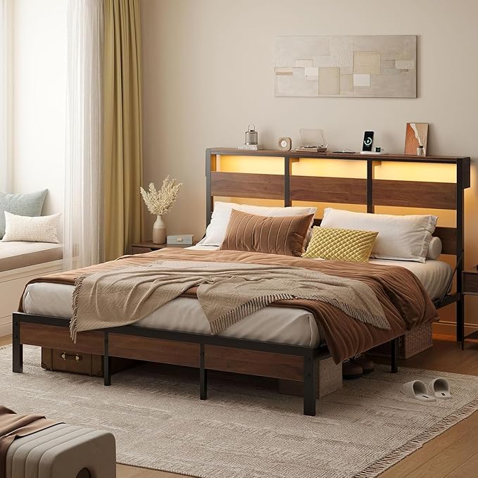 Bestier King Size Bed Frame with Headboard and Charging Station,Platform King Bed Frame with LED Light, Non-Slip Metal Bed Frame, Noise-Free, Easy Assembly,Walnut