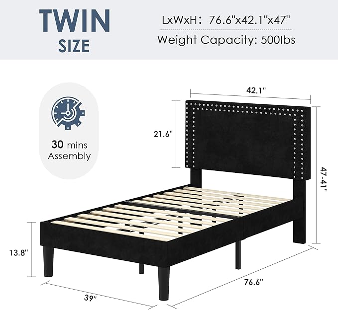 VECELO Twin Size Platform Bed Frame with Height Adjustable Upholstered Headboard, Modern Mattress Foundation,Strong Wood Slat Support, No Box Spring Needed, Easy Assembly,Black