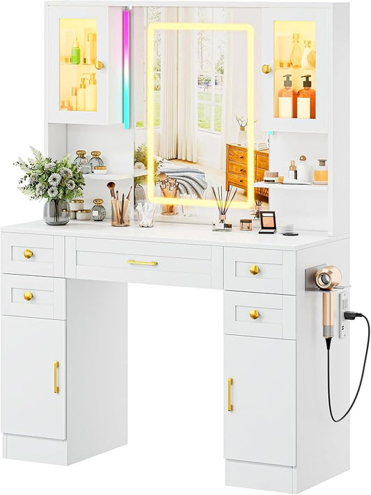 KAMABOKO White Vanity Desk with Mirror, Makeup Vanity Table with 5 Drawers, 2 Storage Cabinets & 2 Glass-Door Display Cabinets for Bedroom and Dressing Room