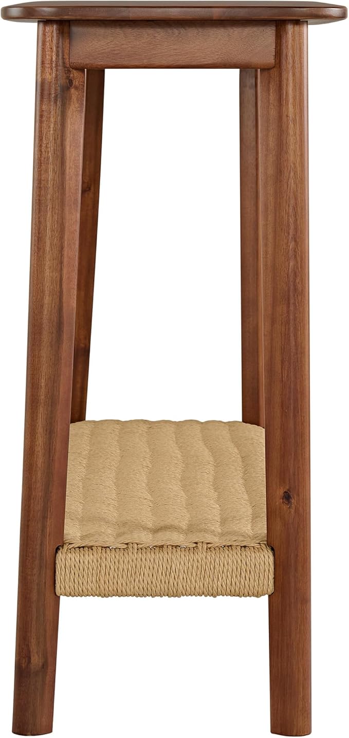 Alaterre Furniture Calais 48 Inch Solid Wood Entryway Table with Woven Storage Shelf – Mid Century Modern 2-Tier Sofa Table for Living Room, Hallway, or Foyer (Chestnut)