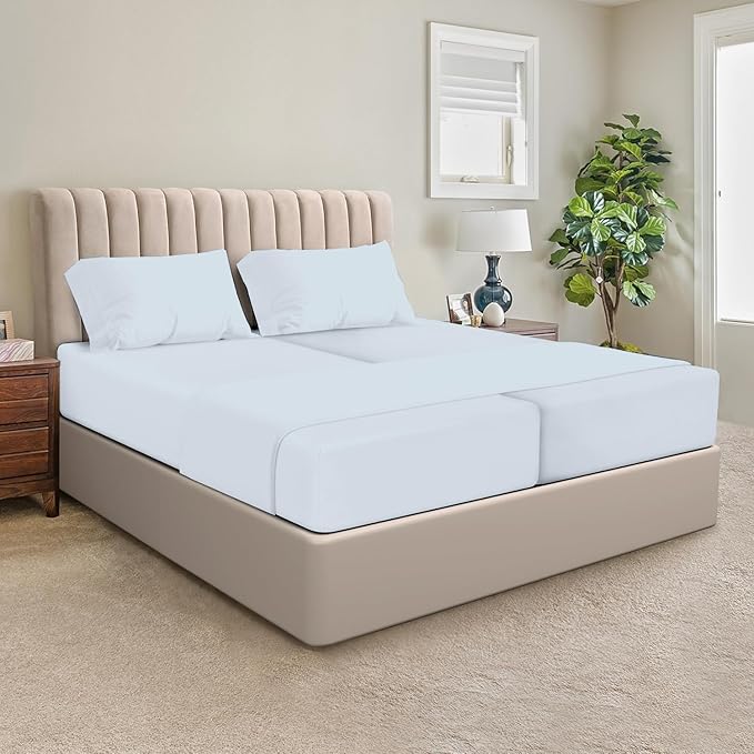 SGI Split King Sheet Set for Adjustable Bed Egyptian Premium Cotton 600 Thread Count Sheets for Sleep Number Bed 15" Deep Pocket 5 Pc Set with 2 Twin XL Fitted Sheets Soft Breathable -Light Blue