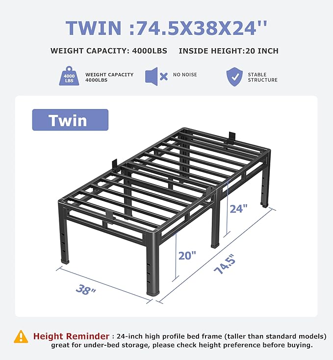 NKZ 24 Inch Twin Size Bed Frame, Metal Bed Frame & Box Spring 2 in 1 Platform with Round Corner Legs, 4000Lbs Heavy Duty Metal Frame, Mattress Slide Stopper, Headboard Hole, Noise-Free, Easy Assembly