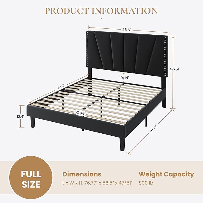 SHA CERLIN Full Size Bed Frame with Adjustable Upholstered Velvet Rivets Headboard, Sturdy Wooden Slats, Strong Platform Support for Mattress, No Box Spring Needed, Easy Assembly, Black