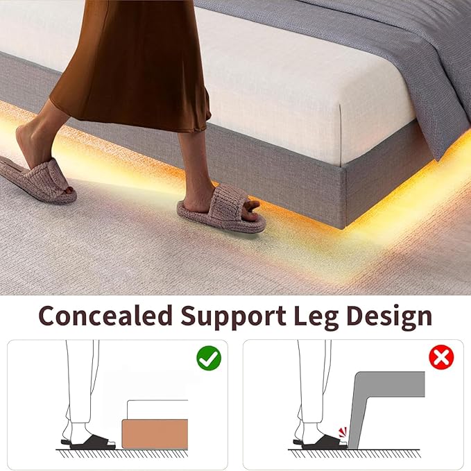 Garvee Full Size Floating Bed Frame with RGB LED Lights and Charging Station, Upholstered Platform Bed with Storage Headboard and Button Tufted Design, No Box Spring Needed, Grey