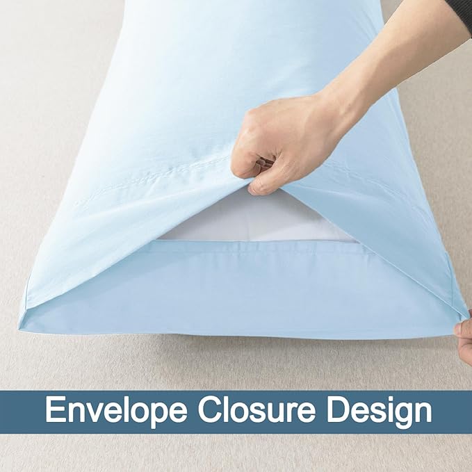 WhatsBedding Body Pillow Cover Cotton Fabric, Long Pillowcase Breathable & Skin-Friendly, Envelope Closure - Light Blue (20x54 inch)