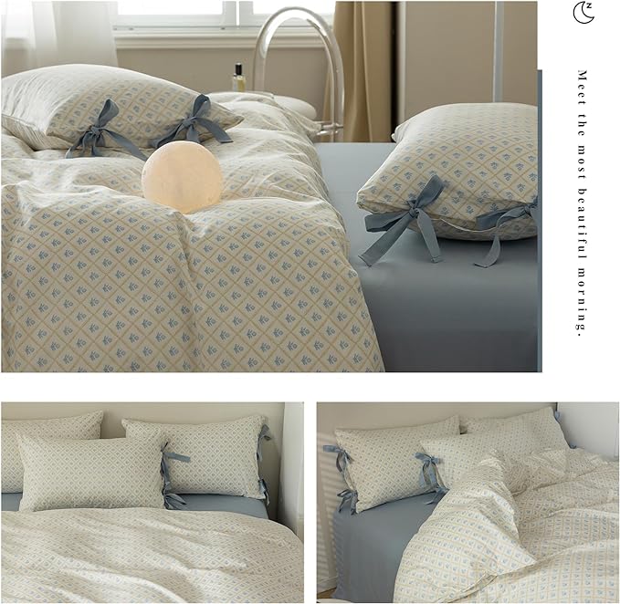 mixinni Blue Floral Duvet Cover Set Queen - 3 Piece Cottagecore Bedding Set with Bow Ties & Zipper Closure, 100% Cotton Soft Aesthetic Comforter Cover for Girls, Lightweight Breathable Country Style