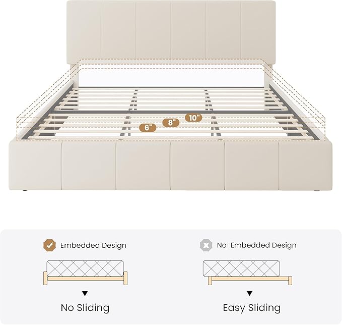SHA CERLIN King Size Bed Frame, Dutch Velvet Upholstered Platform Bed, Vertical Channel Tufted Adjustable Headboard, Low Profile Bed Frame, No Box Spring Needed, Easy Assembly, Cream