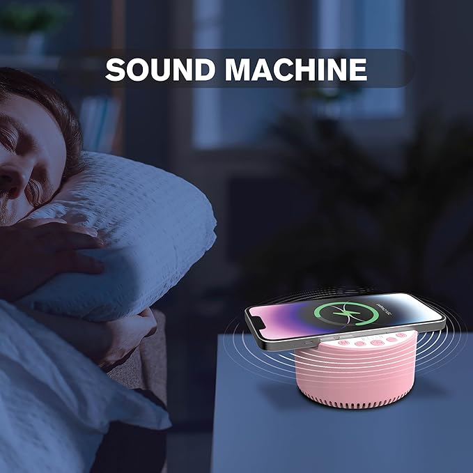 InnoVibeSound Machine with Wireless Charger & Bluetooth Speaker – White Noise Sleep Aid with Memory Function, 6 Soothing Sounds, 3 Timer Modes – Compact Bedside Relaxation Device, Pink