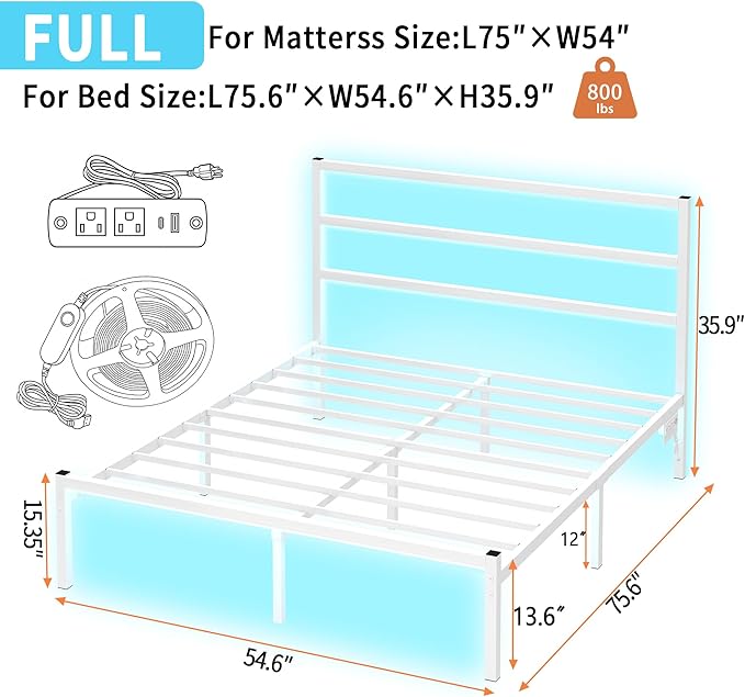 CLIBFENG Full Size Bed Frame with Headboard,Heavy Duty Steel Slats Support-LED Bed Frame with USB Charging Station,Mattress Foundation-Under Bed Storage,No Box Spring Needed,Noise Free,White