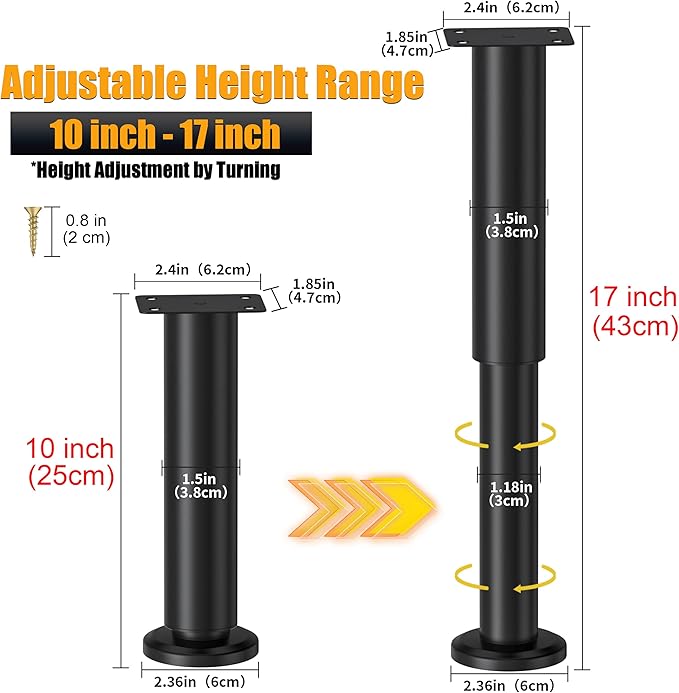 Wlrrcwdttc 2 Pcs Adjustable Height Bed Support Legs for Bed Frame/Bed Center Slat, Metal Adjustable Furniture Legs 10-17 inch for Bed/Sofa/Cabinet/Couch/Dresser/Table,Heavy Duty Bed Replacement Legs