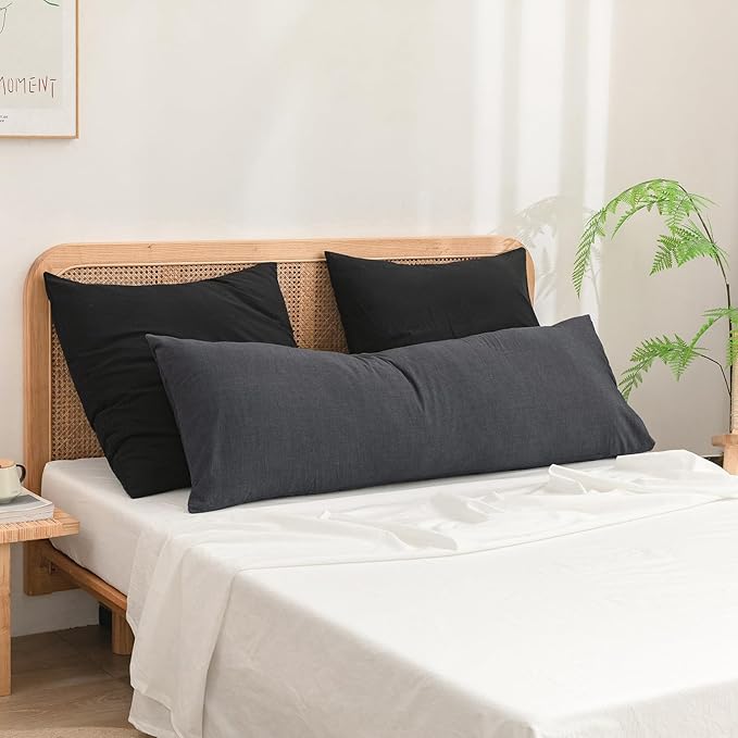 BESTOUCH 100% Washed Cotton Pillowcase for Hair and Skin Linen Feel Soft Comfortable Breathable 1 Pcs Pillow Case with Envelope Closure Solid Dark Black Body 20x54 Inches
