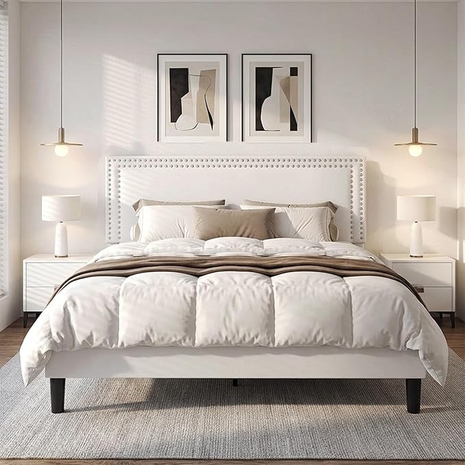 VECELO Queen Size Platform Bed Frame with Height Adjustable Upholstered Headboard, Modern Mattress Foundation,Strong Wood Slat Support, No Box Spring Needed, Easy Assembly,White