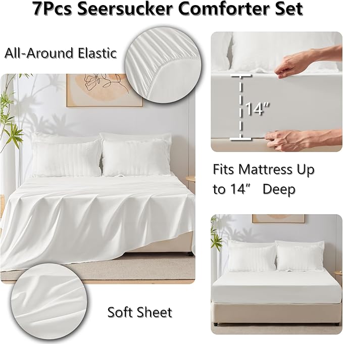 CozyLux Full Size Comforter Sets with Sheets 7 Pieces, White Seersucker Bed in a Bag Textured Luxury Soft Bedding Set with Down Alternative Comforter, Sheets, Pillowcases & Shams for All Seasons