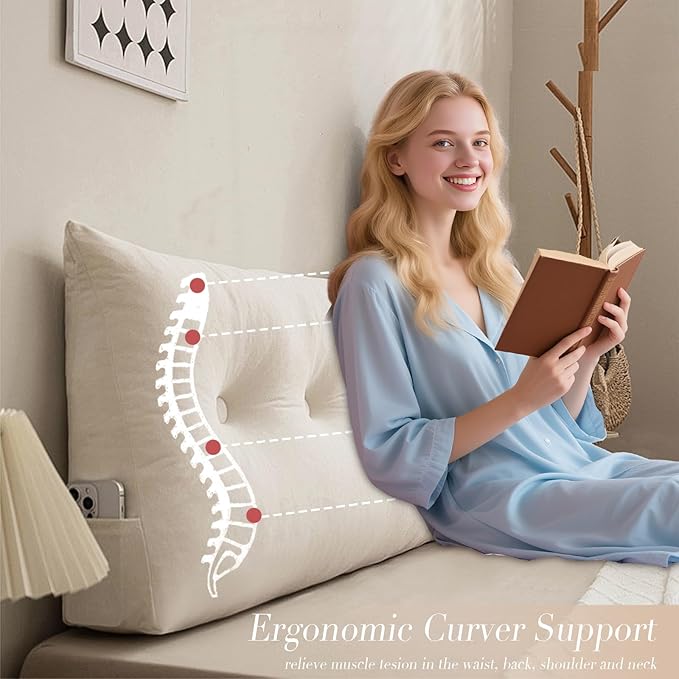 Triangular Wedge Headboard Pillows Twin XL Dorm Headboard Long Backrest Positioning Support Reading Bolster Pillow Side Pockets Wedge Pillow College Dorm Room Essentials Bed Bedroom Decor White
