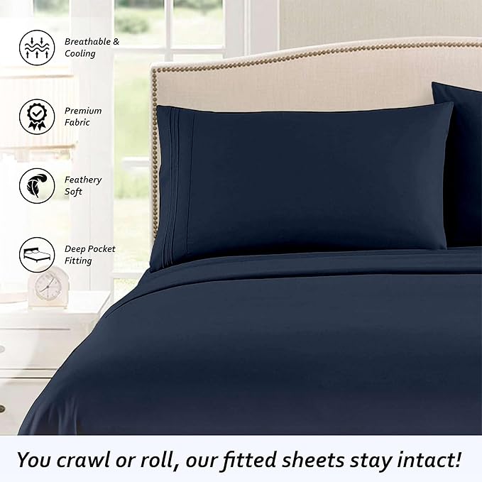 Queen RV Camper Sheet Set (60x80) – 100% Egyptian Cotton, Soft & Cooling, 16” Deep Pocket Fitted Sheet, Luxury Hotel Quality Bedding for RVs, Campers & Motorhomes (Navy Blue Solid)