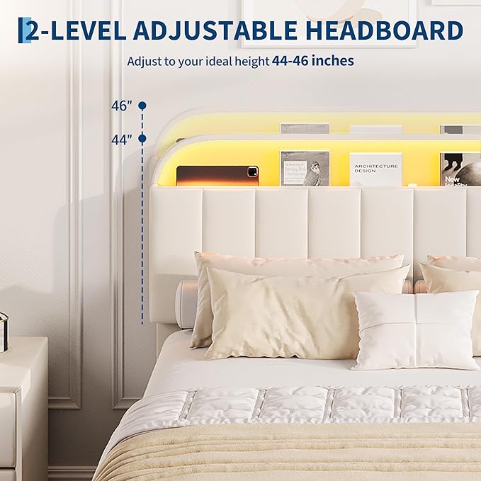 Garvee Twin XL Size Bed Frame with 2 Flexible Drawers, Velvet Upholstered Platform Bed Frame with Bookcase Headboard and LED Lights, Kids Bed for Girls, Easy Assembly, Noise Free, Beige