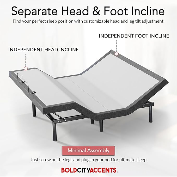 Adjustable Bed Frame with Wireless Remote - Comfortable Zero Gravity Massage with Head & Foot Incline, Dual USB Charge & Under-Bed Nightlights - Powder Coated Split King adjustable Base