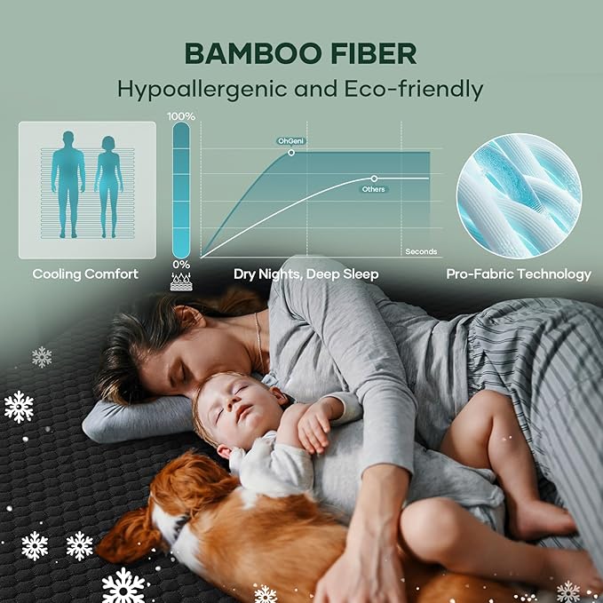 OhGeni 100% Waterproof King Size-Black Mattress Protector, Soft Mattress Pad, Fits 6"-20" Mattresses with Deep Pocket, Cooling, Breathable Fitted Sheets, Soft Bed Cover, Noiseless, Machine Washable