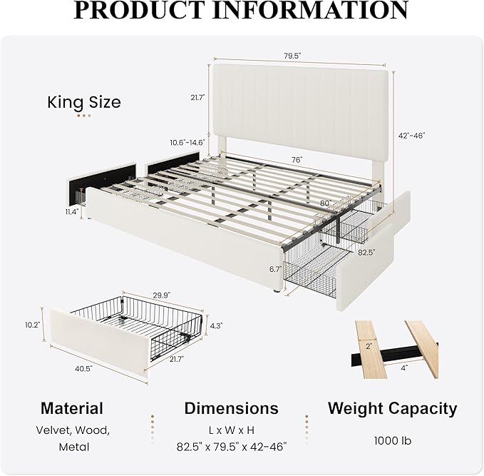 SHA CERLIN King Size Platform Bed Frame with 4 Storage Drawers, Vertical Channel Tufted Adjustable Headboard, Velvet Upholstered, Wooden Slats Support, No Box Spring Needed, Easy Assembly, Cream