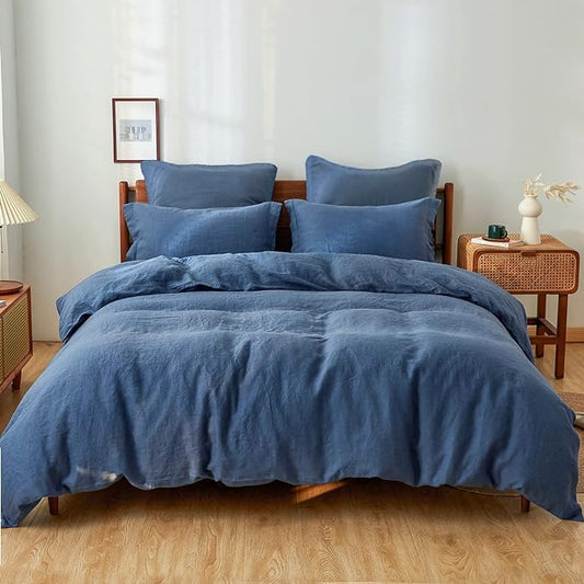 Simple&Opulence 100% Linen Duvet Cover Set 3pcs Basic Style Natural French Washed Flax Solid Color Soft Breathable Farmhouse Bedding with Button Closure - Classic Blue, King
