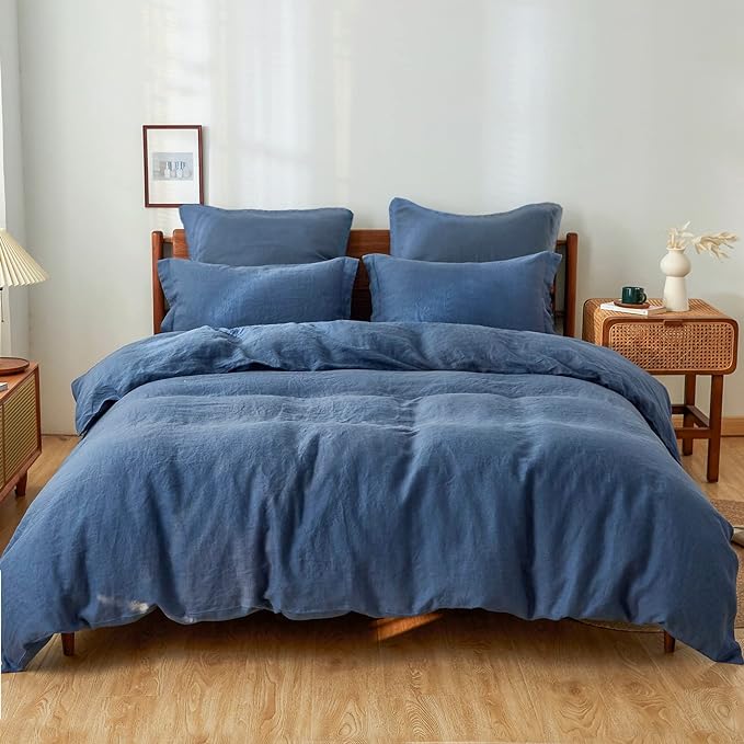 Simple&Opulence 100% Linen Duvet Cover Set 3pcs Basic Style Natural French Washed Flax Solid Color Soft Breathable Farmhouse Bedding with Button Closure - Classic Blue, Queen