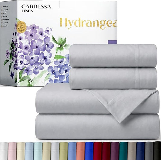 Carressa Linen 100% Egyptian Cotton Queen Sheet Set - 600 Series Hydrangeas Collection Egyptian Cotton Queen Sheets Set (4 PC, Silver), 16" Deep Pocket Sateen Weave Luxury Hotel Bed Sheet
