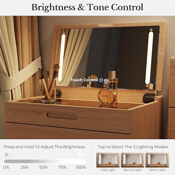 Muwuele Solid Wood Small Vanity Desk with Mirror and Lights, Narrow Makeup Vanity for Small Space, Flip Top Vanity Side Table, 3 Color Modes & Adjustable Brightness, 23.6" Slim Dressing Table, Natural