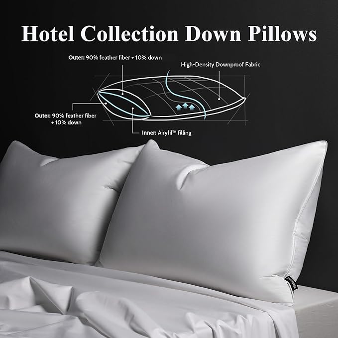 DOWNSTORIA Goose Feather Down Pillow Queen Size Set of 2, Hotel Collection Bed Pillows for Sleeping, 2 Pack, Down Surrounded Soft Medium Firm Pillows for Side Back Sleepers 20 x 30 in.