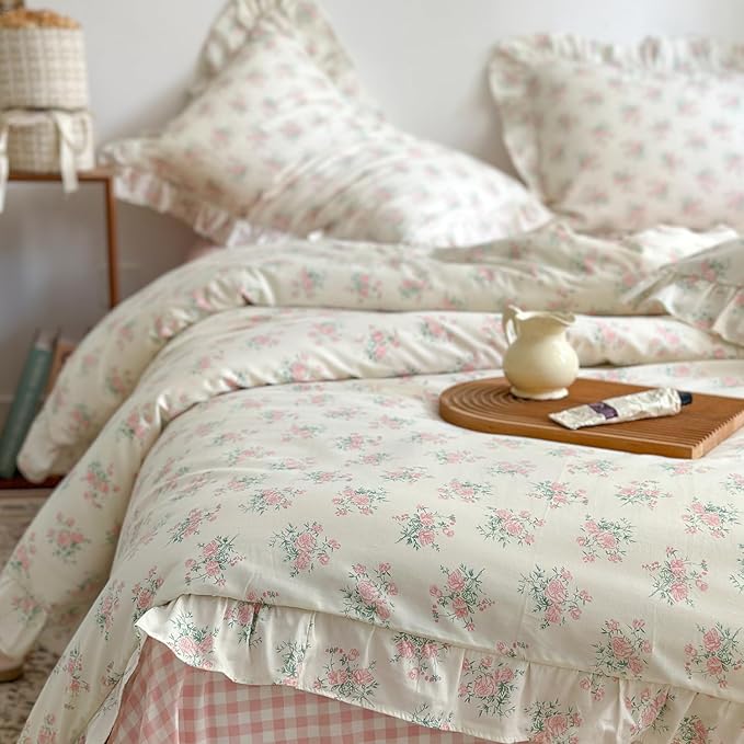 mixinni Pink Floral Duvet Cover Set Queen Size - 100% Cotton Ruffle Lace Bedding Set for Girls, Romantic Cottagecore Style Duvet Cover with Zipper Closure, Soft Aesthetic Princess Bedding-Queen