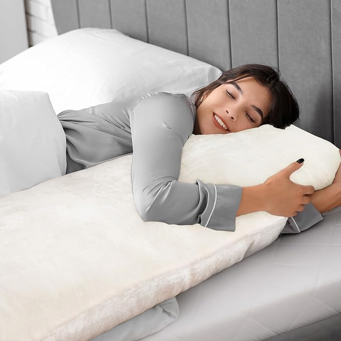 BEDELITE Body Pillow Cover with Zipper Closure, Super Soft and Cozy Fuzzy Fleece Pillowcase 20 x 54 Inches, Luxury Fluffy Plush Long Body Pillow Pillowcase for All Seasons(Off White)