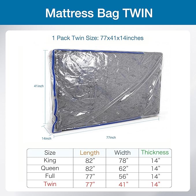 Plastic Mattress Bag for Moving (Twin), 3 Mil Extra Thick Mattress Cover Protector with Zipper, Clear Mattress Storage Bag for Bed, Waterproof & Reuseable Mattress Moving Supplies