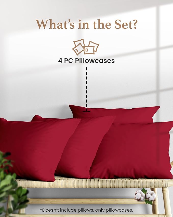 1000 TC Burgundy Standard Pillowcases Set of 4 100% Egyptian Cotton Pillow Cases with Long Staple Cotton & Sateen Weave, Silky Soft Hotel - Like Bed Pillow Covers for Comfy Sleeping, Snug Fit