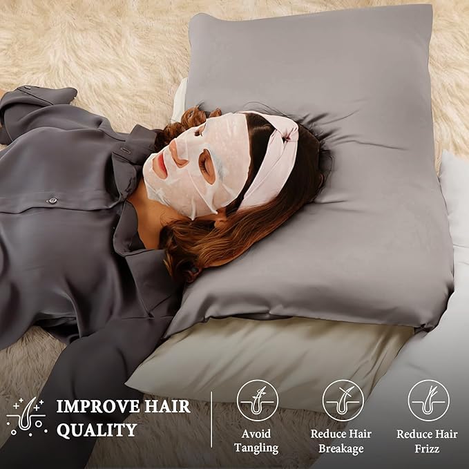 BHZ Grey Satin Goose Down Feather Pillows Queen Size Set of 2 with Satin Pillowcase for Hair and Skin, Cooling Pillow Cases Similar to Silk Pillow Cases, Decorative for Women, Mom Men