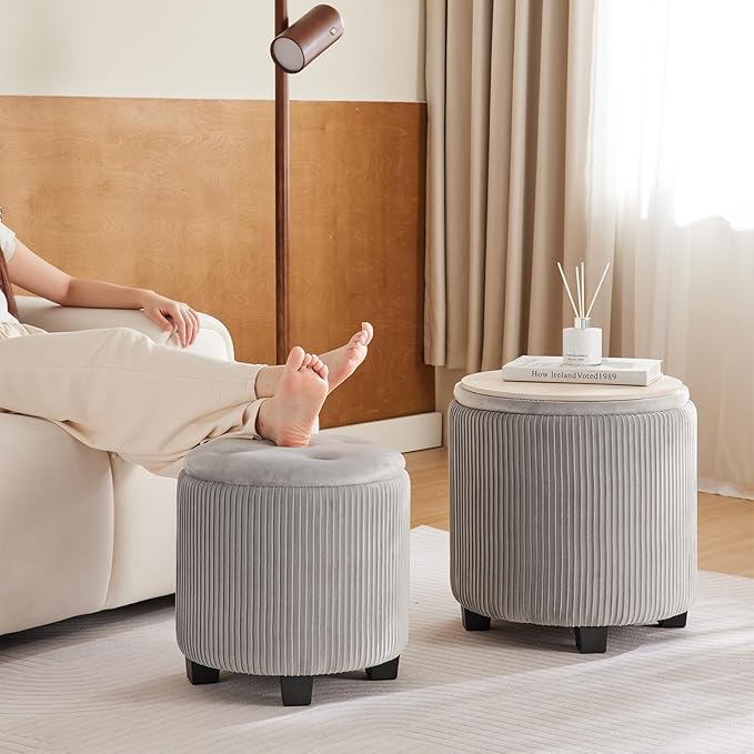 BLEXA Big Round Ottoman with Storage Set of 2,Upholstered Velvet Vanity Stool for MakeupMultifunctional Foot Rest Coffee Table Padded Seat Tufted Ottomans for LivingRoom&Bedroom (Large Grey)