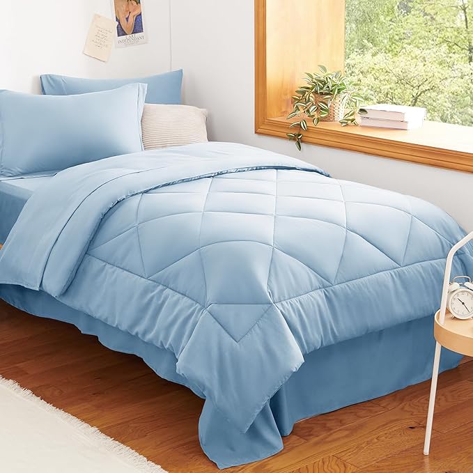 CozyLux Twin XL Comforter Set Baby Blue - 5 Pieces Twin Extra Long Bed in a Bag for College Dorm, All Season Bedding Set for Girls and Boys, Soft Bed Set with Comforter, Sheets, Pillowcase & Sham