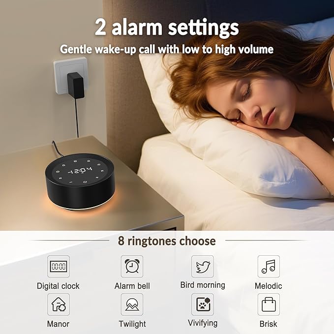 White Noise Machine with Alarm Clock & Night Light for Babies and Adults, 20 Soothing Sounds, Glare-Free Upward Display, Touch Control, Memory Function, 5 Sleep Timers, Black