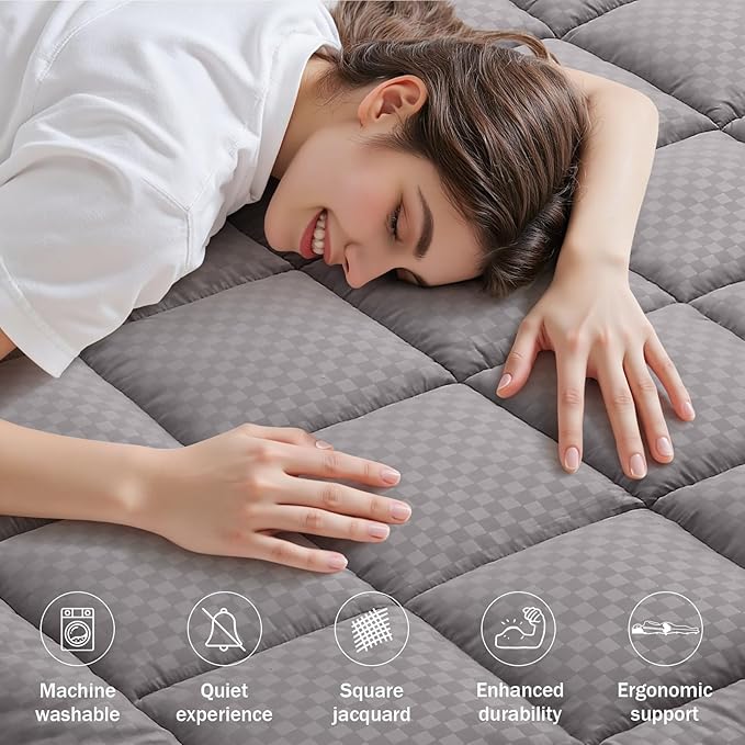 OLANLY Queen Quilted Fitted Mattress Pad, Elastic Fitted Mattress Topper, Cooling Soft Mattress Cover Stretches up to 21 Inches Deep, Machine Washable Mattress Protector (60x80 inch, Light Grey)