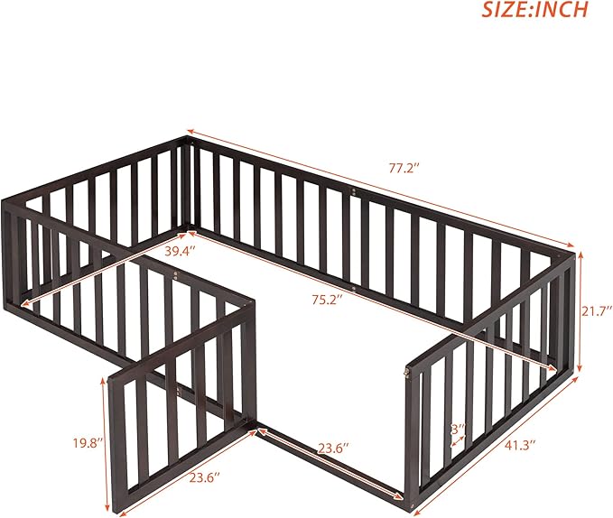 Bellemave Twin Size Montessori Floor Bed with 21.7" High Rails, Pine,Plywood Floor Bed with Small Door, Walnut
