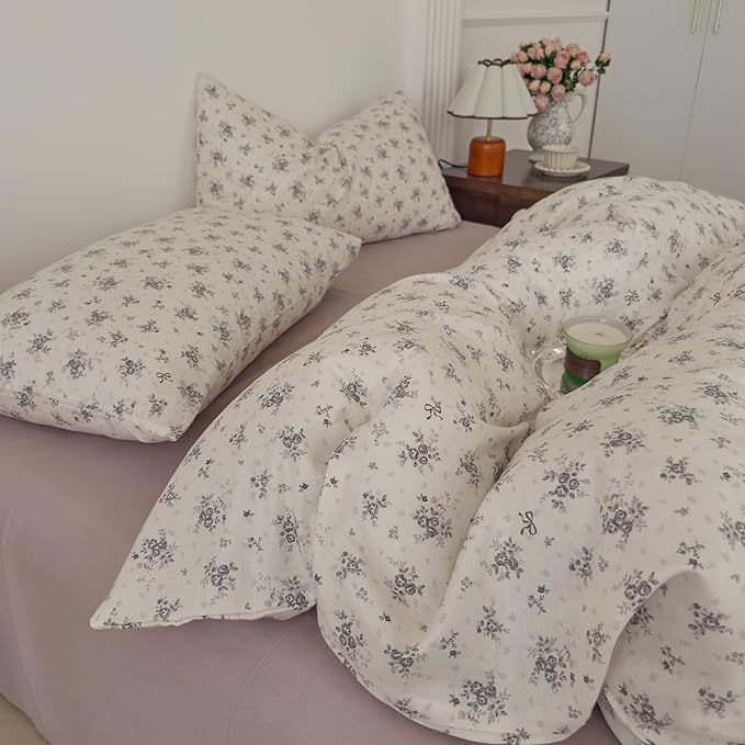 Vintage Gray Ditsy Floral Duvet Cover Set, Cream Off-White Double Layer Gauze Cotton Bedding Set, Soft Breathable Floral Bed Cover for Cottagecore French Country Bedroom Decor, Queen Size