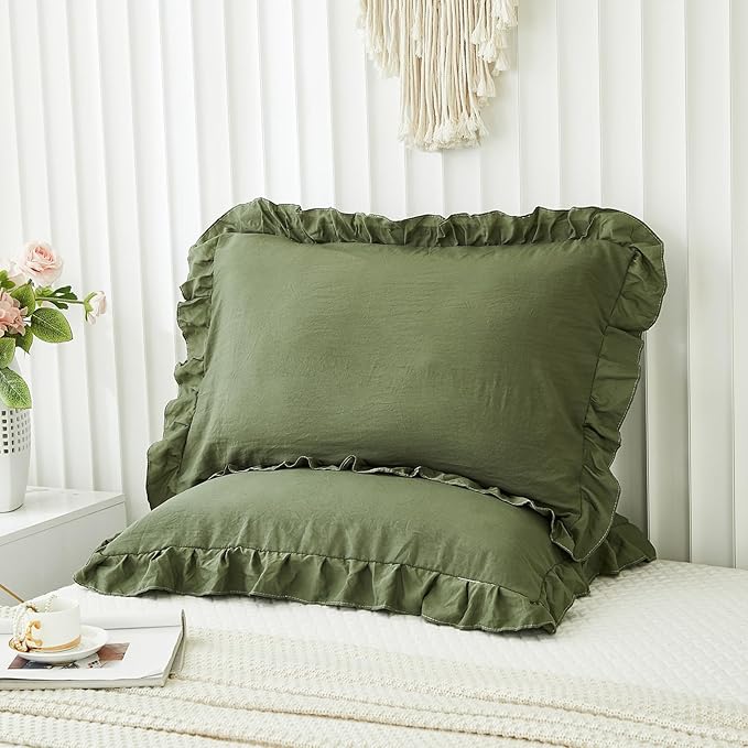 Olive Green Pillow Shams Dark Green Ruffle Queen Pillowcases Cute Pillow Cover Set of 2 Shabby Chic Soft Microfiber Pillowcases 2 Pack (Queen (20''x30''), Olive Green)